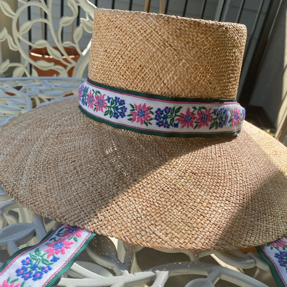 Sarah Bray Bermuda Bougainvillea Hat with Mandevilla and Bermudiana ribbon